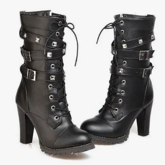 Furcross: Women Calf Boots Studded Round Toe Side Zip Up Thick Heels Punk Gothic - Picture 10 of 16